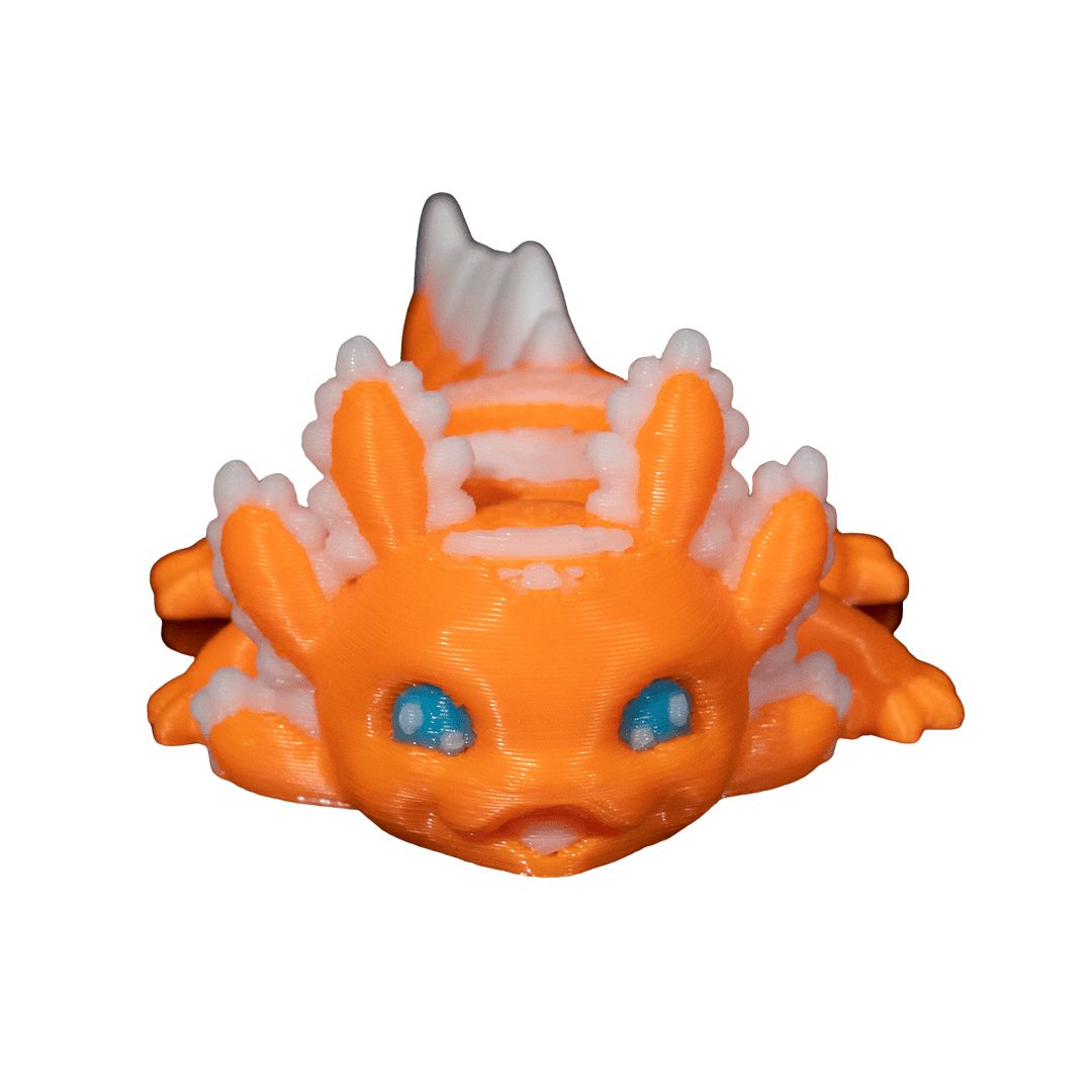 "Baby Candy Axolotl 3D-Figur in bonbonorange-weißer Farbgebung mit energiegeladenem Gesichtsausdruck, süßer Wirbelwind mit voll beweglichen Gelenken"Gecko3d